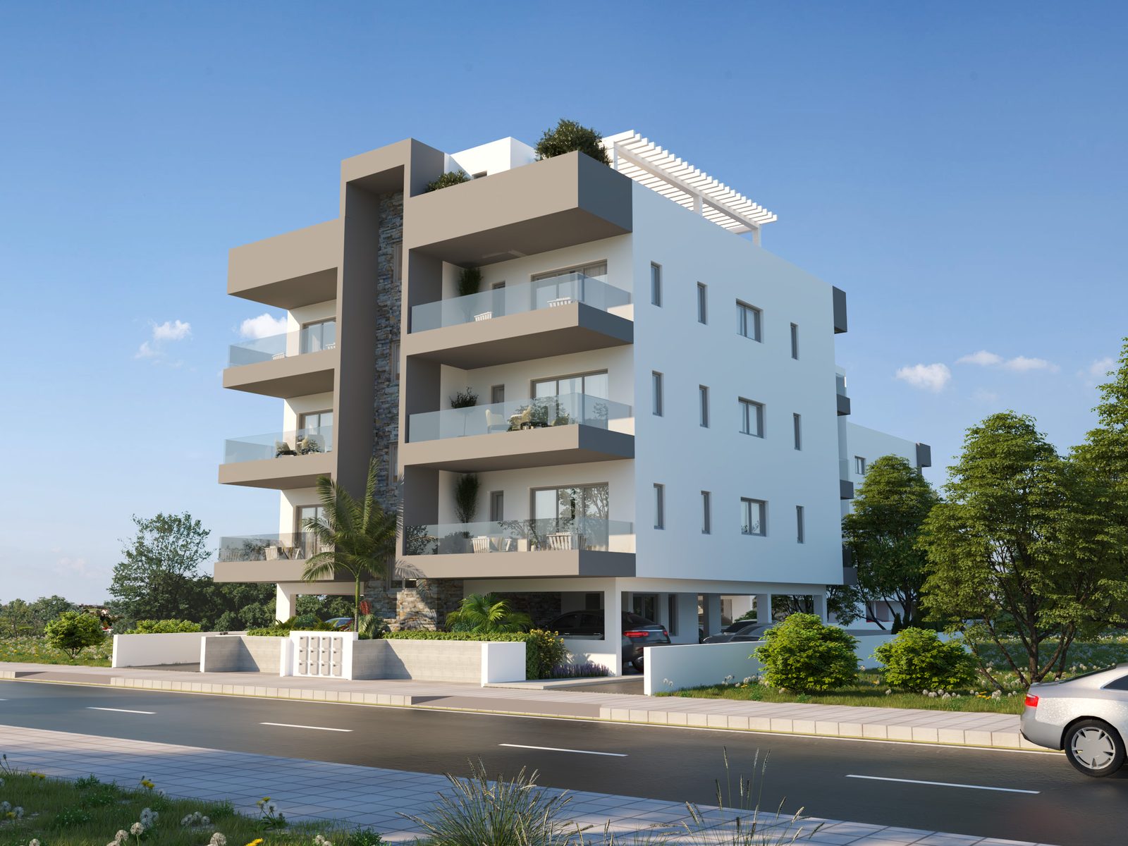 Corner view with deep balconies