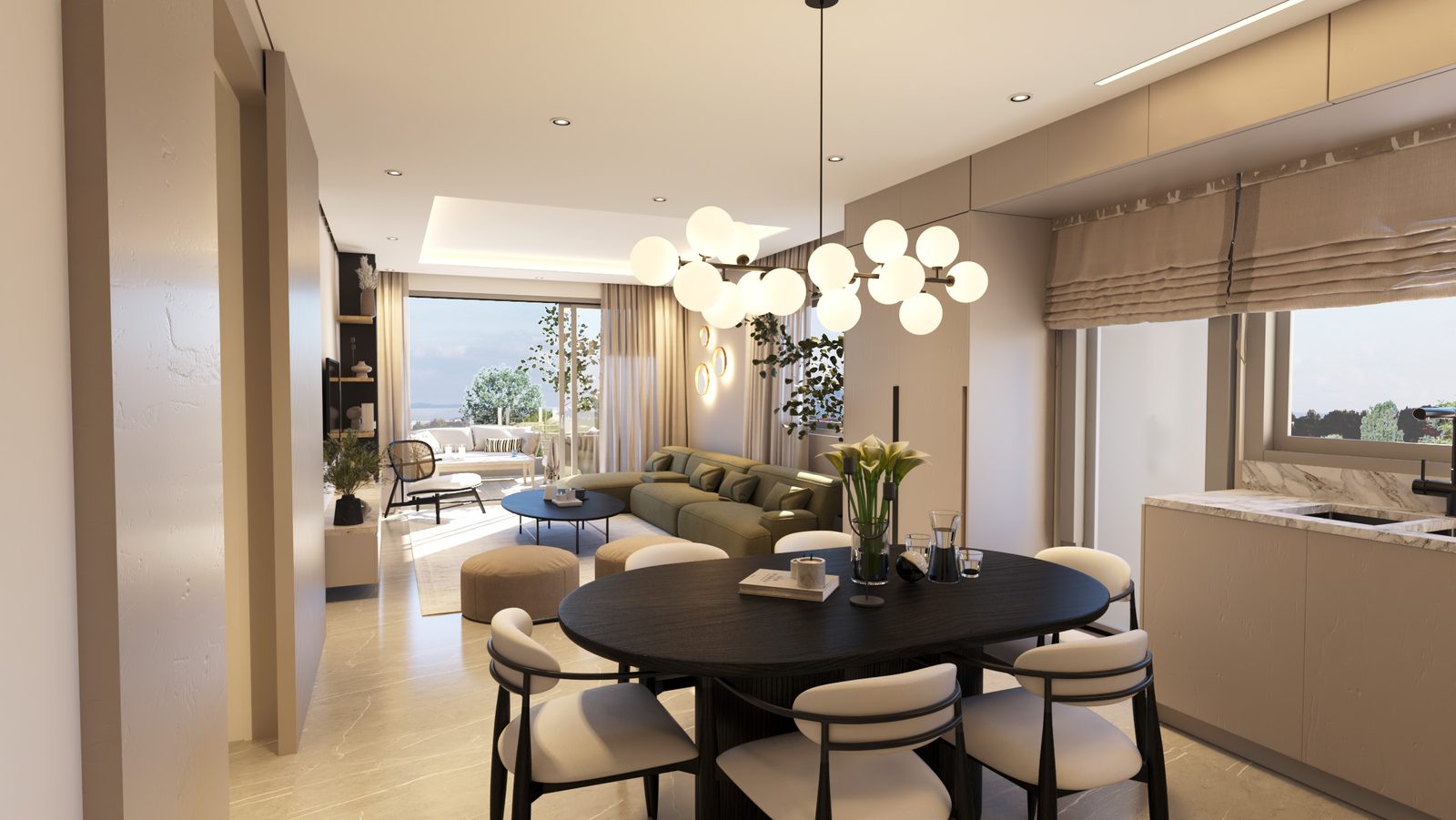 Open-plan living and dining with feature lighting