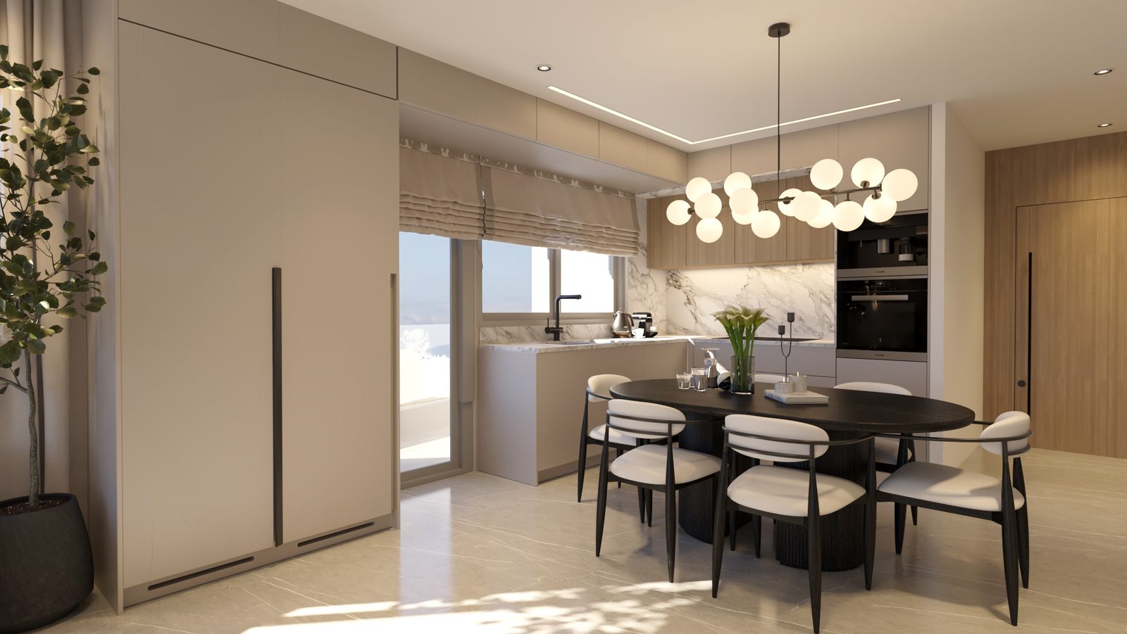 Kitchen and dining with marble detailing